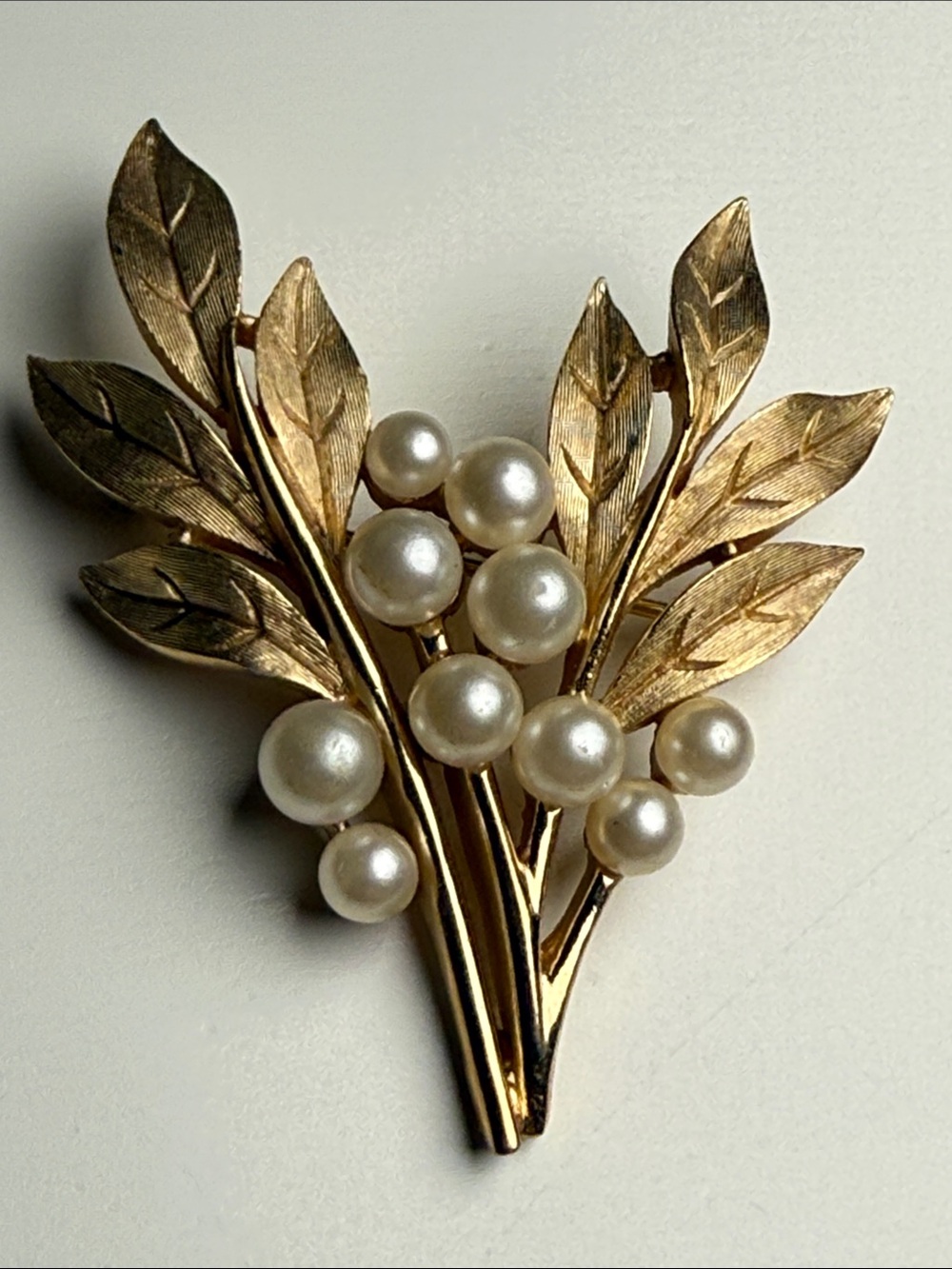 Stunning Crown Trifari Gold tone Leaf and Pearl Cluster Brooch circa 1960